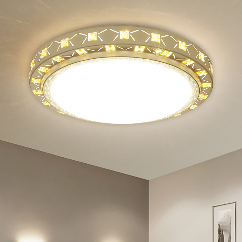 Contemporary Led Ceiling Flush Mount In White With Beveled Crystal Deco