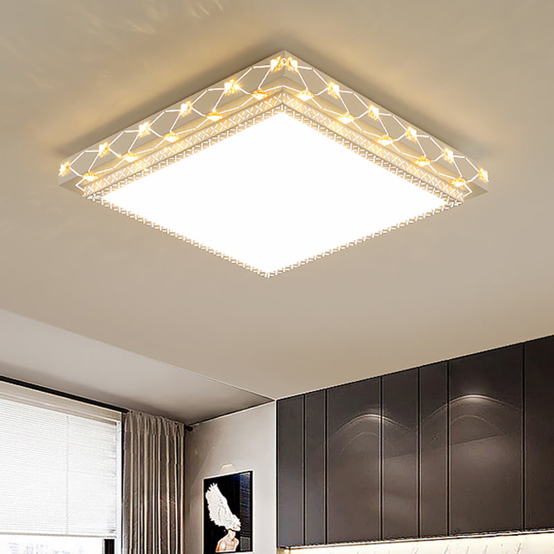 Contemporary Led Ceiling Flush Mount In White With Beveled Crystal Deco / Square