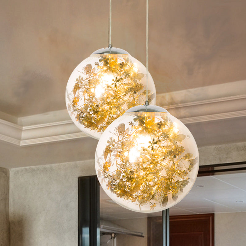 Modern Globe Pendant Light With Clear Glass And Inner Leaf Design In Silver/Gold For Bedroom Gold