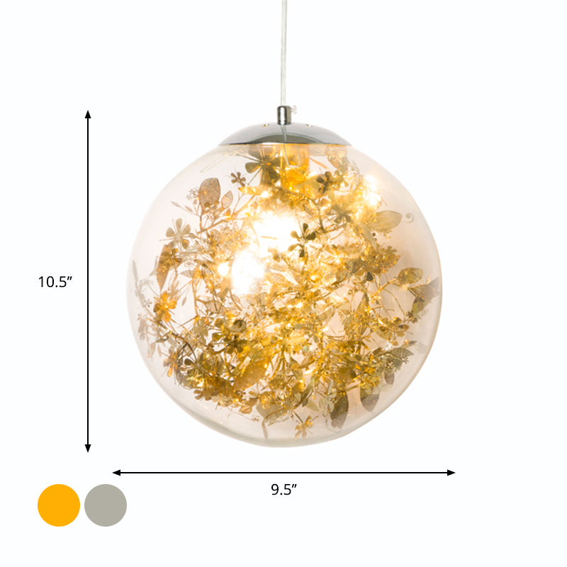 Modern Globe Pendant Light With Clear Glass And Inner Leaf Design In Silver/Gold For Bedroom
