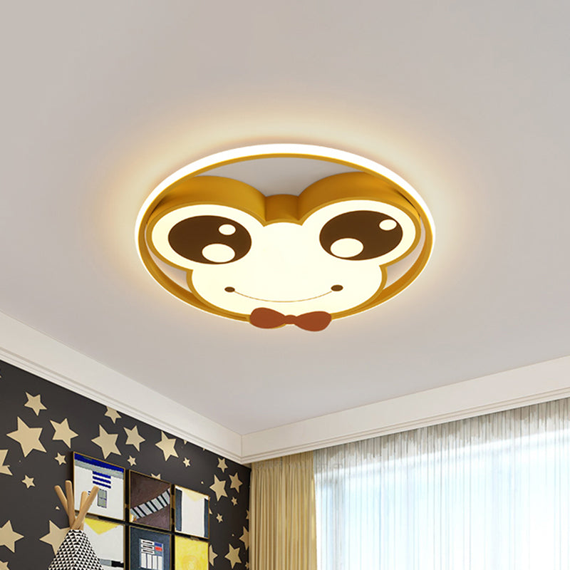 Kids Room Ceiling Mounted Led Flush Light: Big Eye Frog Metal Cartoon Design In Pink/Yellow/Blue