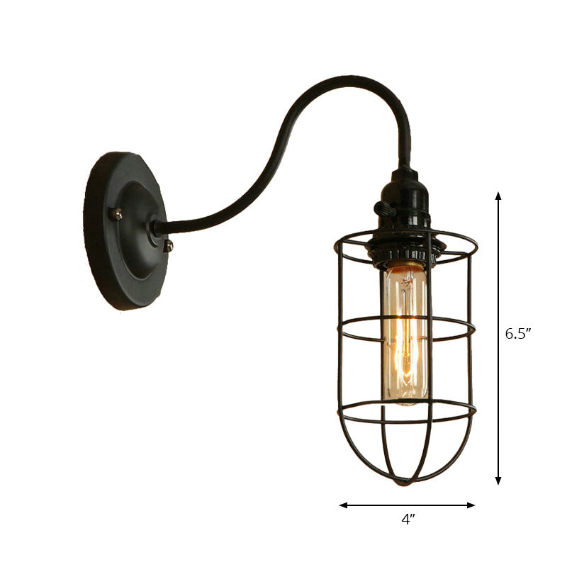 Industrial 1 Light Metallic Oval/Teardrop/Bulb Wall Lamp With Wire Guard In Black