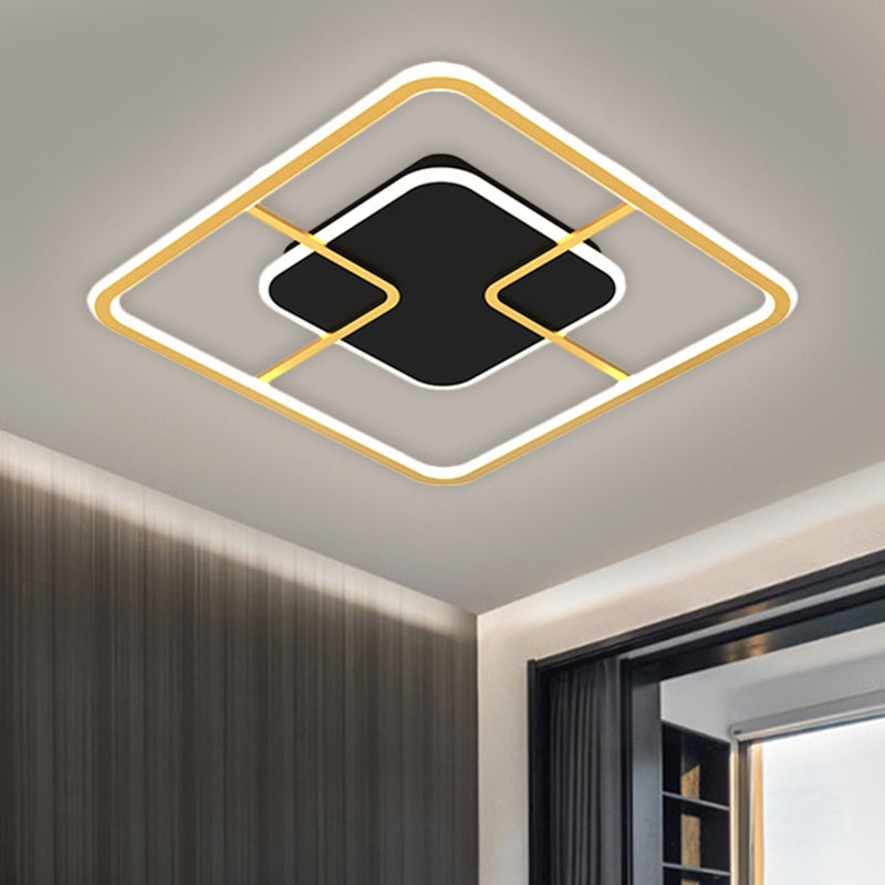 Minimalist Black & Gold Led Ceiling Light With Metal Square Frame 16/19.5 Width