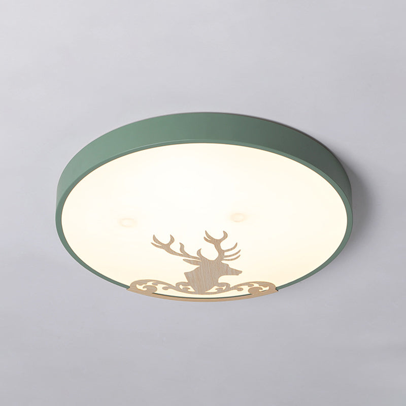 Green Led Ceiling Light: Modern Round Acrylic Flush Mount With Deer Pattern