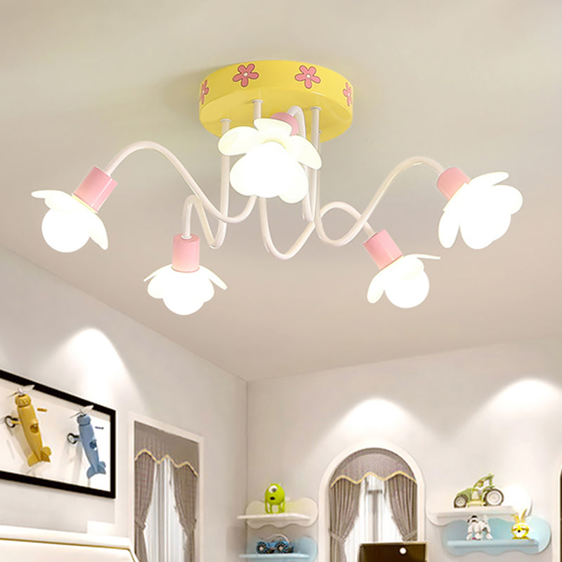 Yellow Flower Children Flush Mount Chandelier - Contemporary Semi Ceiling Light With 5 Metal Bulbs