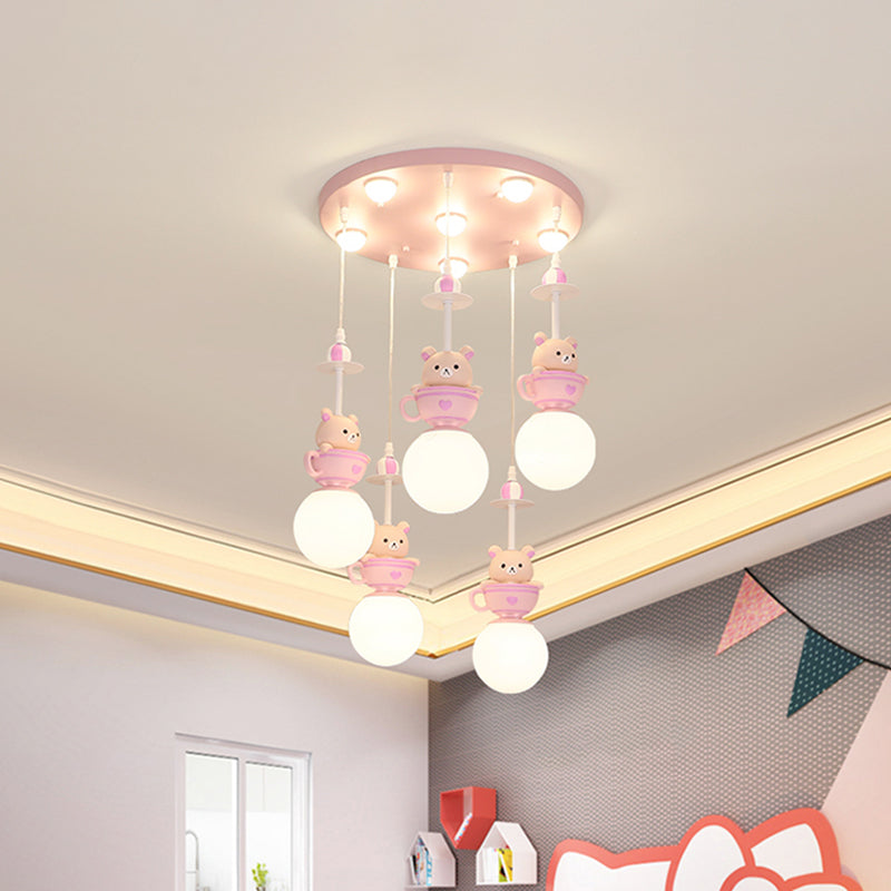 Modern 5-Light Pink Nursery Lamp With Cream Glass Shades Warm/White Lighting