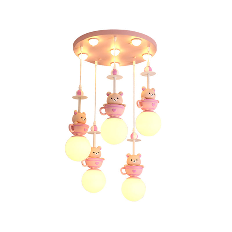 Modern 5-Light Pink Nursery Lamp With Cream Glass Shades Warm/White Lighting