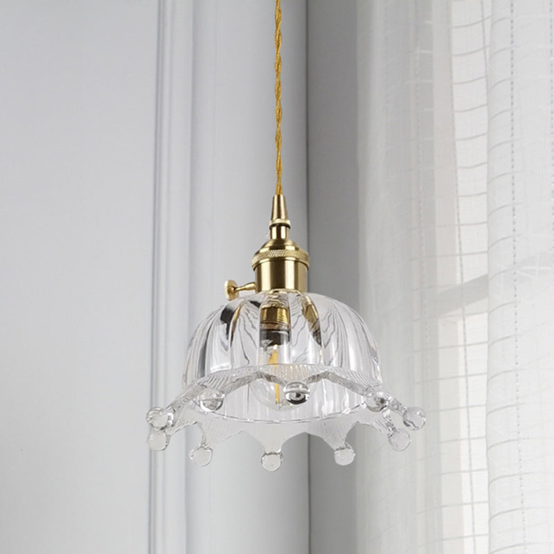 Modern Clear Glass Dome Pendant With Crown Design - 1 Light Brass Mini Hanging Lamp For Passage