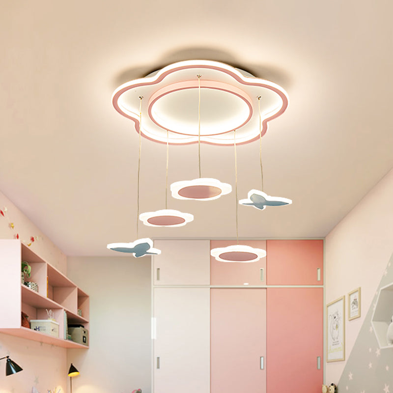 Contemporary Flower Shape Metallic Multi Ceiling Light: Pink Led 5-Light Pendulum Lamp For Girls