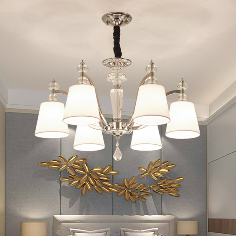 Modern Fabric Chandelier Light Fixture with Crystal Drop - Conic Design, Chrome Suspension, 3/6 Heads