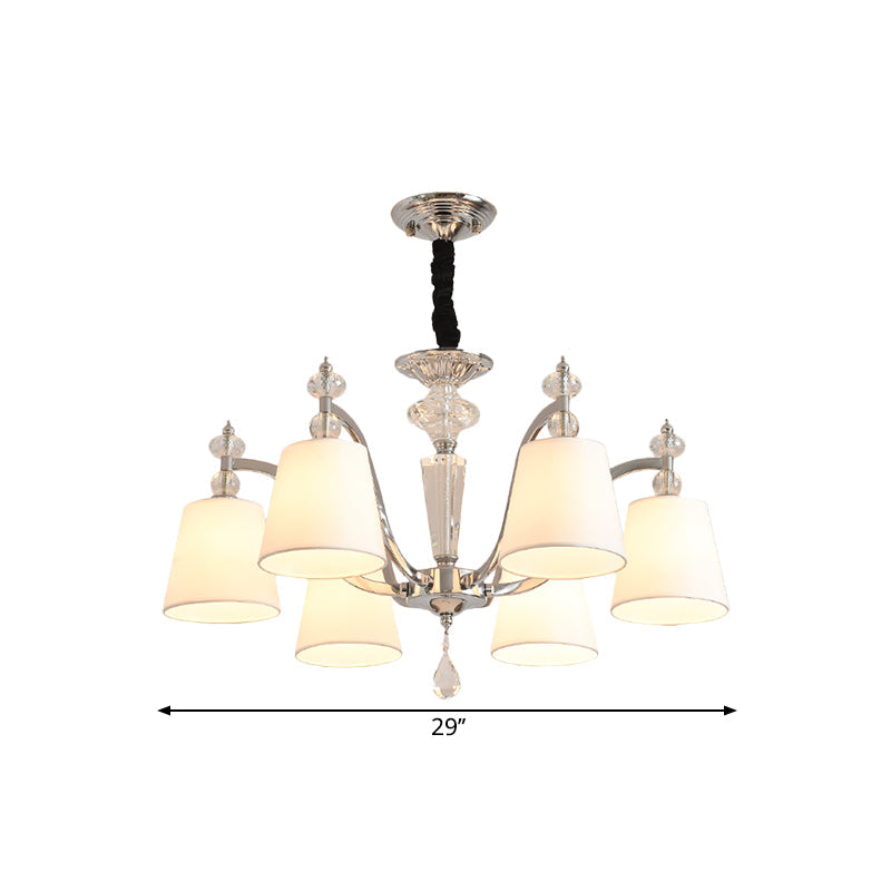 Modern Fabric Chandelier Light Fixture with Crystal Drop - Conic Design, Chrome Suspension, 3/6 Heads