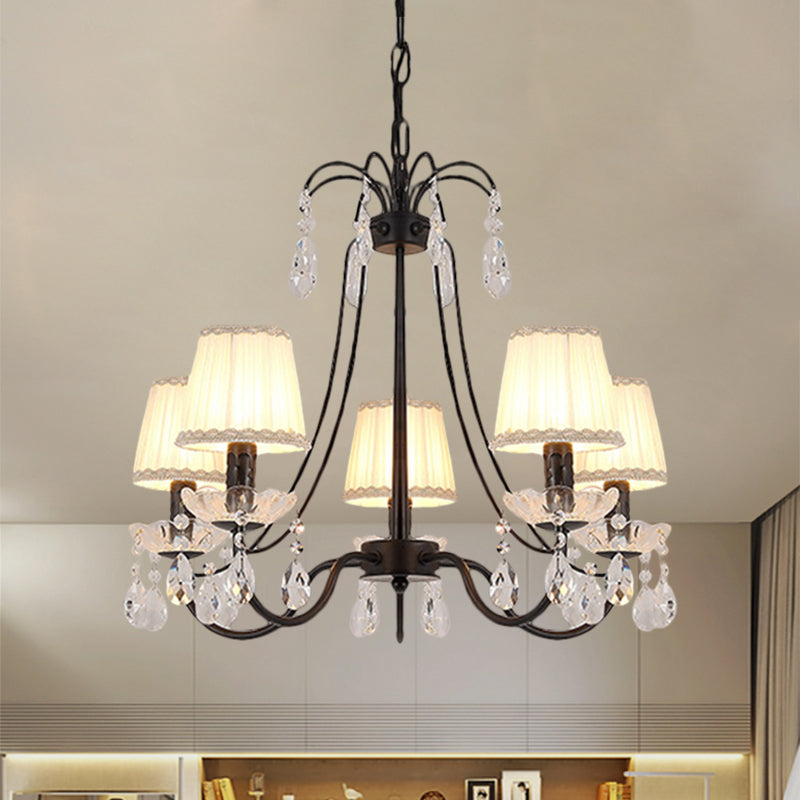Black Modernist Cone Hanging Chandelier - Fabric 5/6/8 Bulbs - Restaurant Down Lighting with Crystal Drops