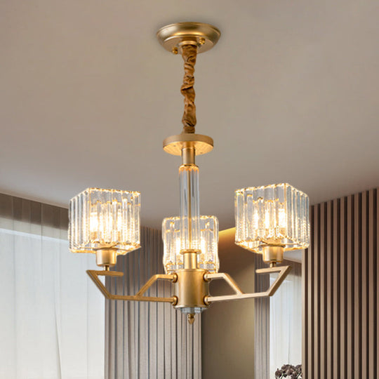 Minimalist Gold Chandelier With Clear Crystal Prisms - 3/6 Light Suspended Fixture 3 /
