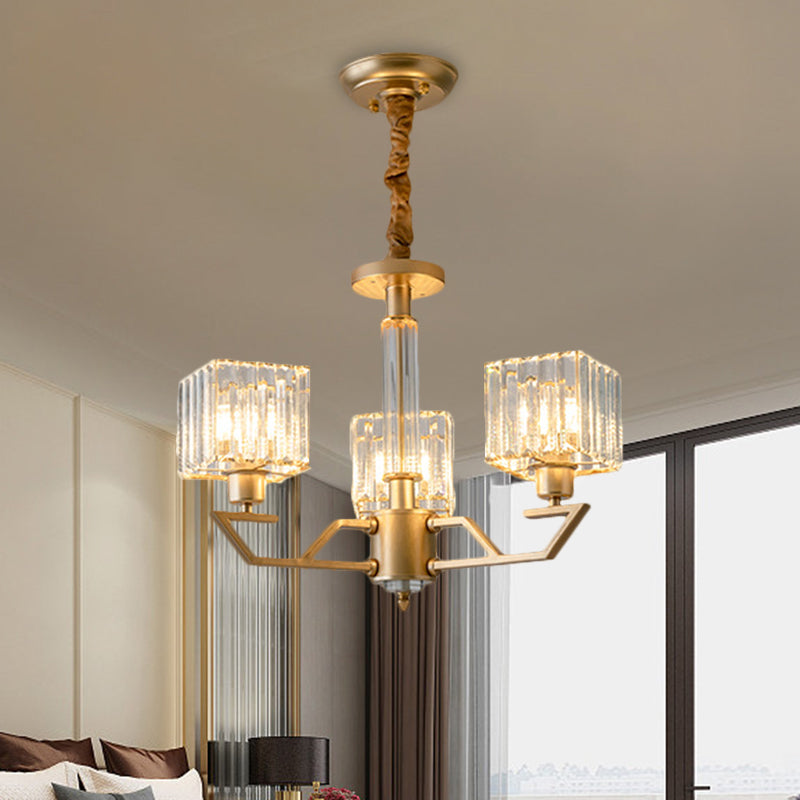 Minimalist Gold Chandelier with Clear Crystal Prisms - 3/6-Light Suspension Fixture