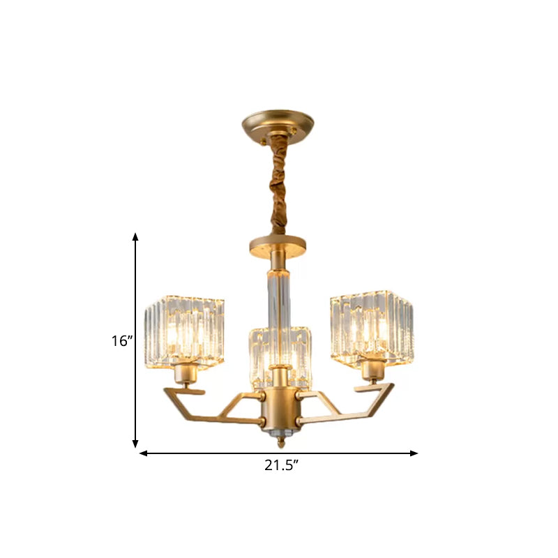 Minimalist Gold Chandelier With Clear Crystal Prisms - 3/6 Light Suspended Fixture