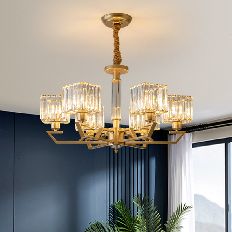 Minimalist Gold Chandelier With Clear Crystal Prisms - 3/6 Light Suspended Fixture 6 /