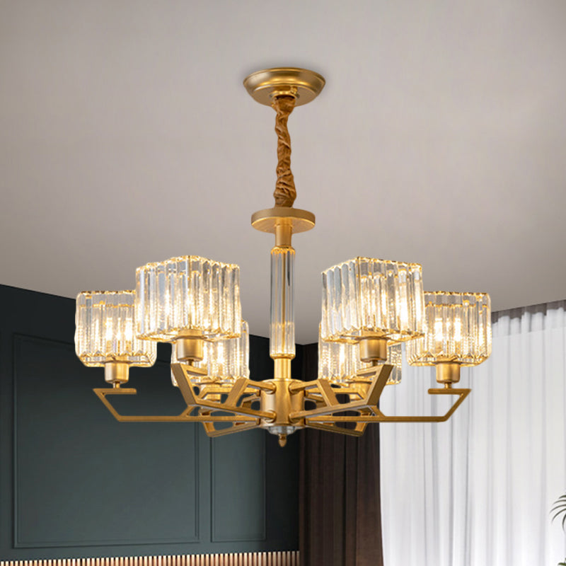 Minimalist Gold Chandelier With Clear Crystal Prisms - 3/6 Light Suspended Fixture