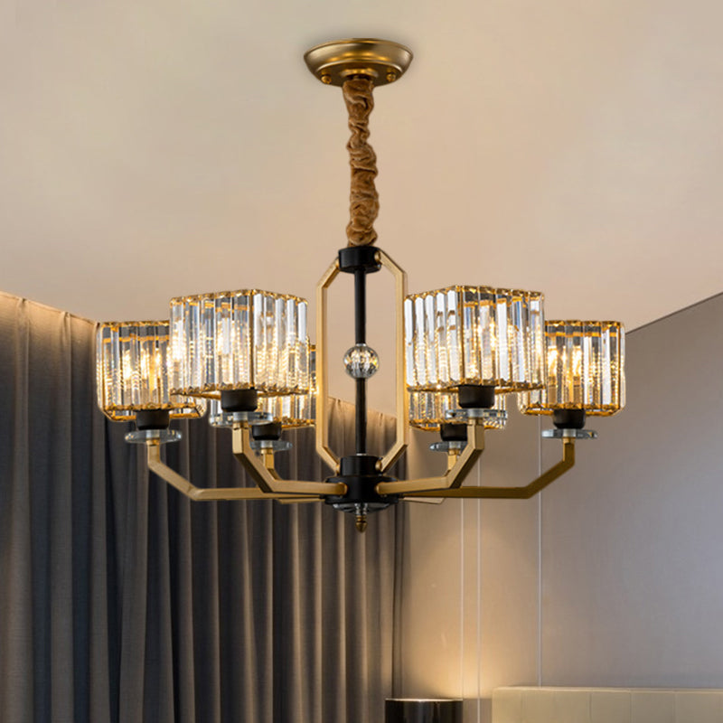 Brass Crystal Prisms Cube Chandelier - Minimalist Ceiling Pendant Light With Curved Arm 3/6/8-Bulb