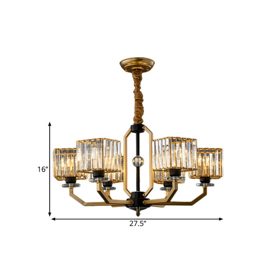 Minimalist Crystal Prism Cube Chandelier with Brass Curved Arm and 3/6/8 Bulbs