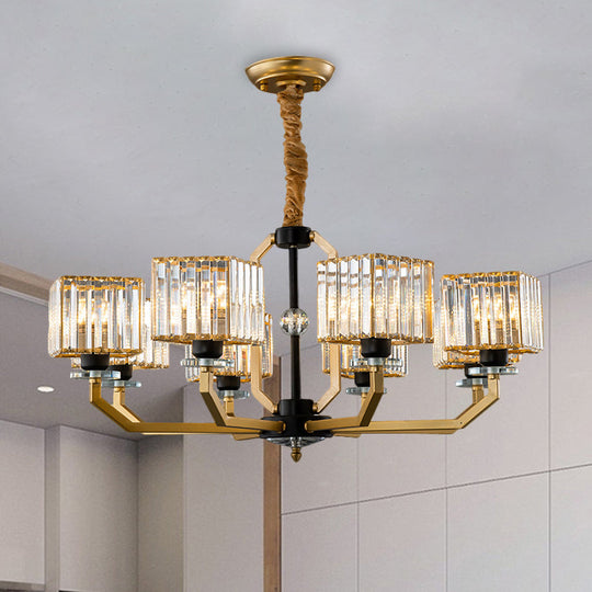 Brass Crystal Prisms Cube Chandelier - Minimalist Ceiling Pendant Light With Curved Arm 3/6/8-Bulb