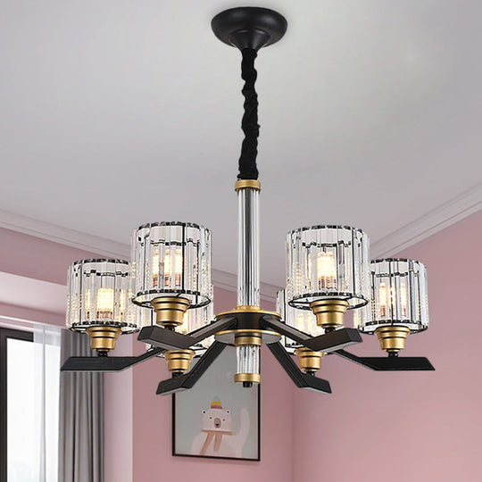 Black Crystal Cylinder Pendant Chandelier with 6/8 Bulbs for Living Room Ceiling – Simple, Stylish Fixture