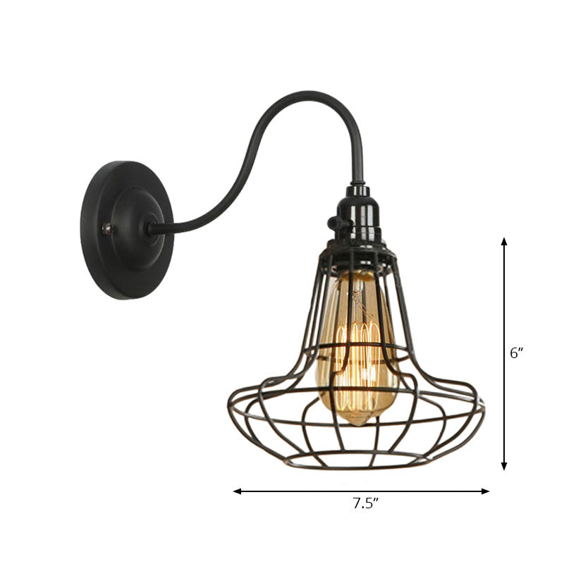 Industrial Cage Wall Sconce - 1 Bulb Metallic Lighting With Gooseneck Arm In Black