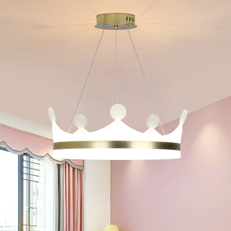 Gold Metallic Kids Crown Hanging Lamp - Led Chandelier For Girls Bedroom Warm/White Light