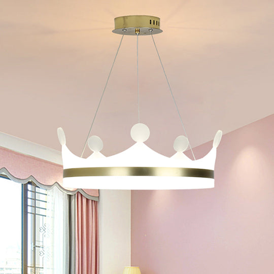 Gold Metallic Kids Crown Hanging Lamp - Led Chandelier For Girls Bedroom Warm/White Light / White