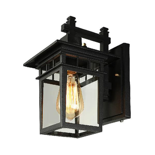 Black Industrial Lantern Wall Sconce - Clear Glass Hanging Light With Single Bulb For Porch