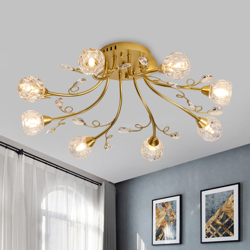 Gold Spherical Ceiling Light With Crystal Prisms - Simple Style 8 Bulbs Semi Mount Lighting