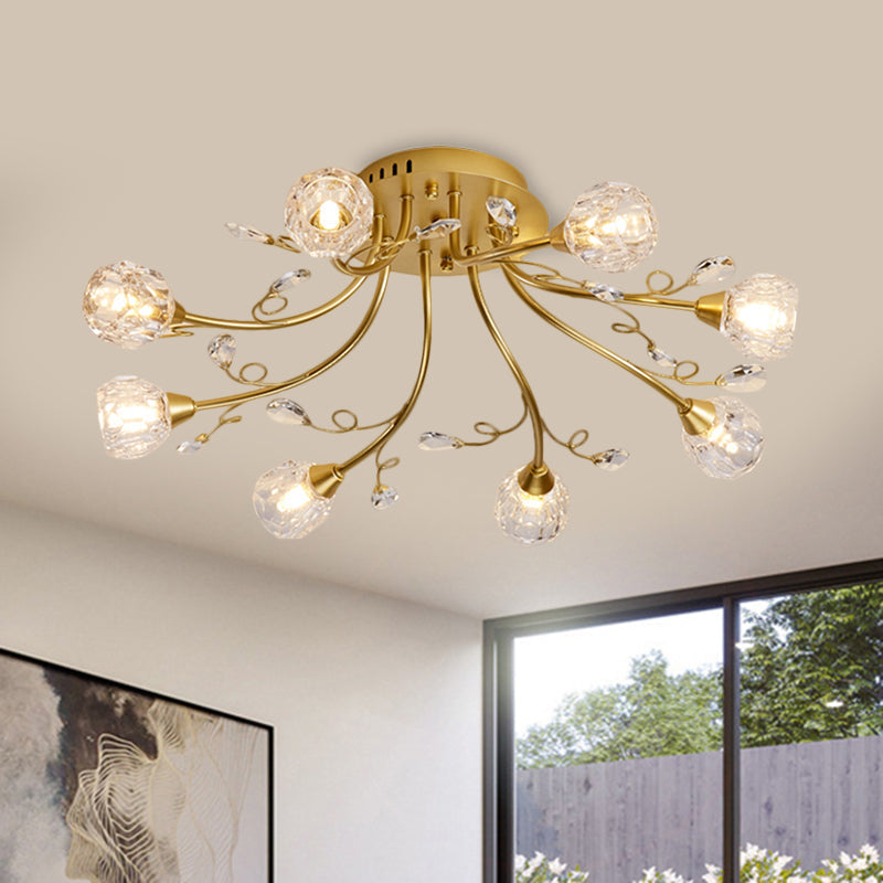 Gold Spherical Ceiling Light With Crystal Prisms - Simple Style 8 Bulbs Semi Mount Lighting