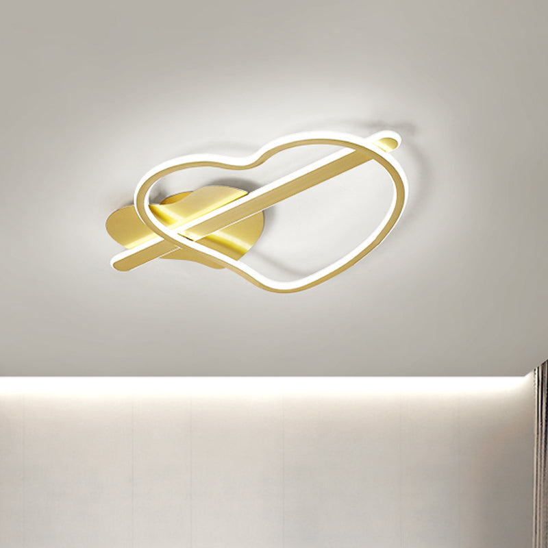 Kids Loving Heart Metal Flush Mount Light In Gold/Coffee Led Ceiling Lighting For Bedroom -