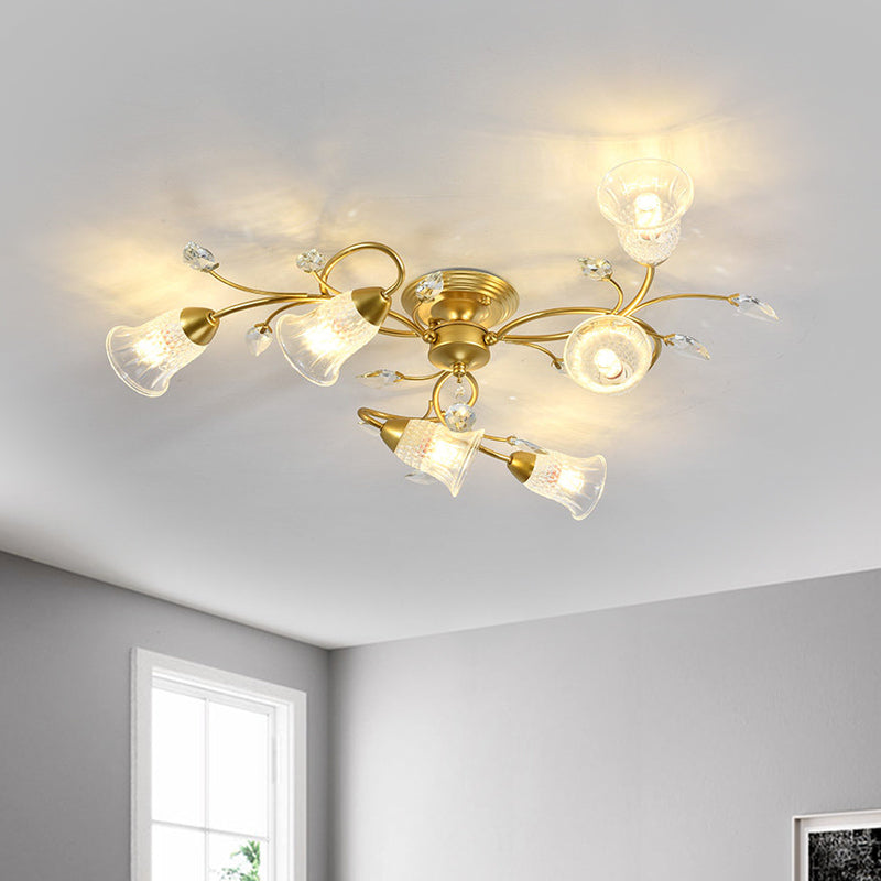 Minimalist Clear Crystal Ceiling Flush Mount Light With Flared Curved Arm And 6-Head Design