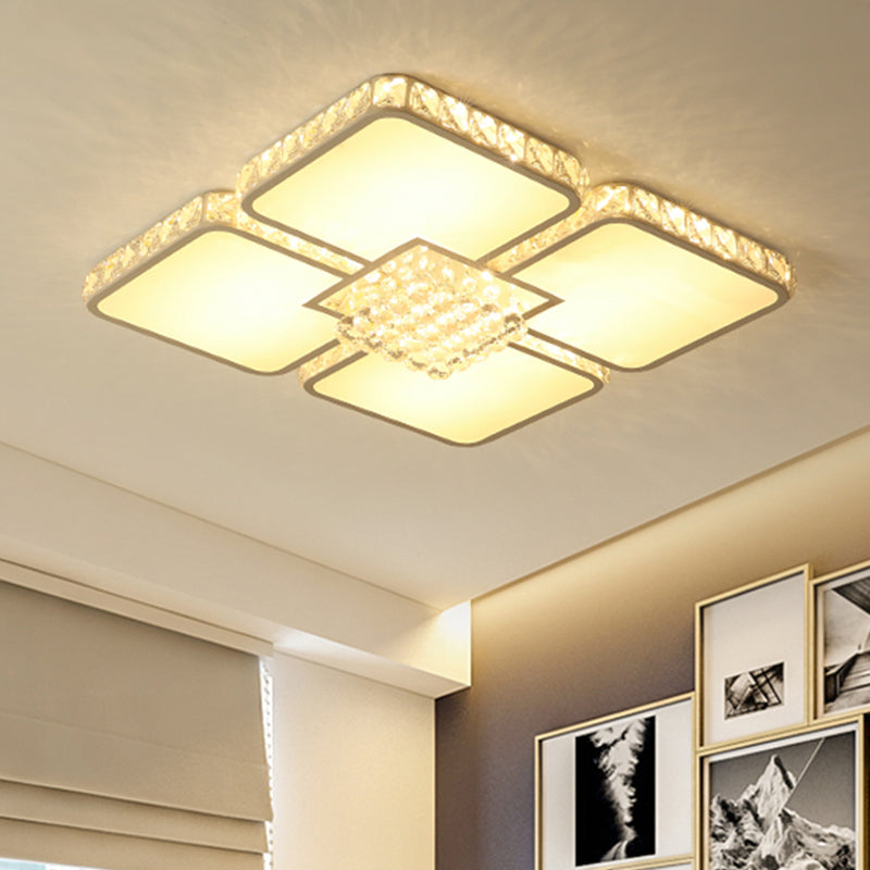 Chrome Square Led Flush Mount Ceiling Light With Crystal Shade In Warm/White / White