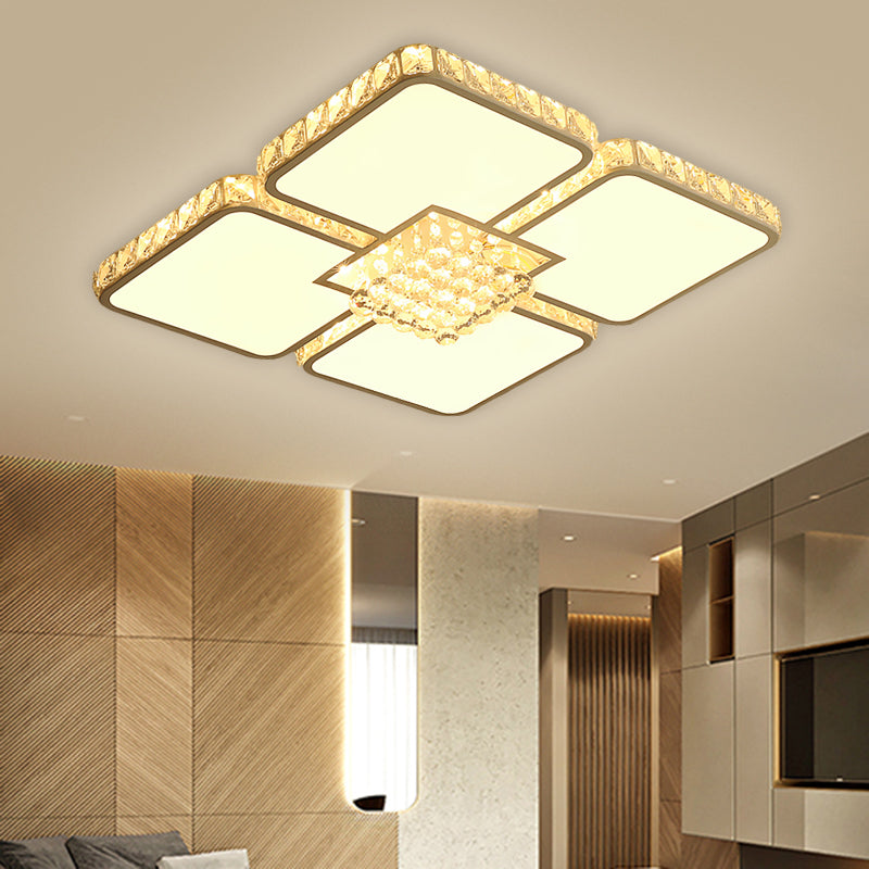 Chrome Square Led Flush Mount Ceiling Light With Crystal Shade In Warm/White
