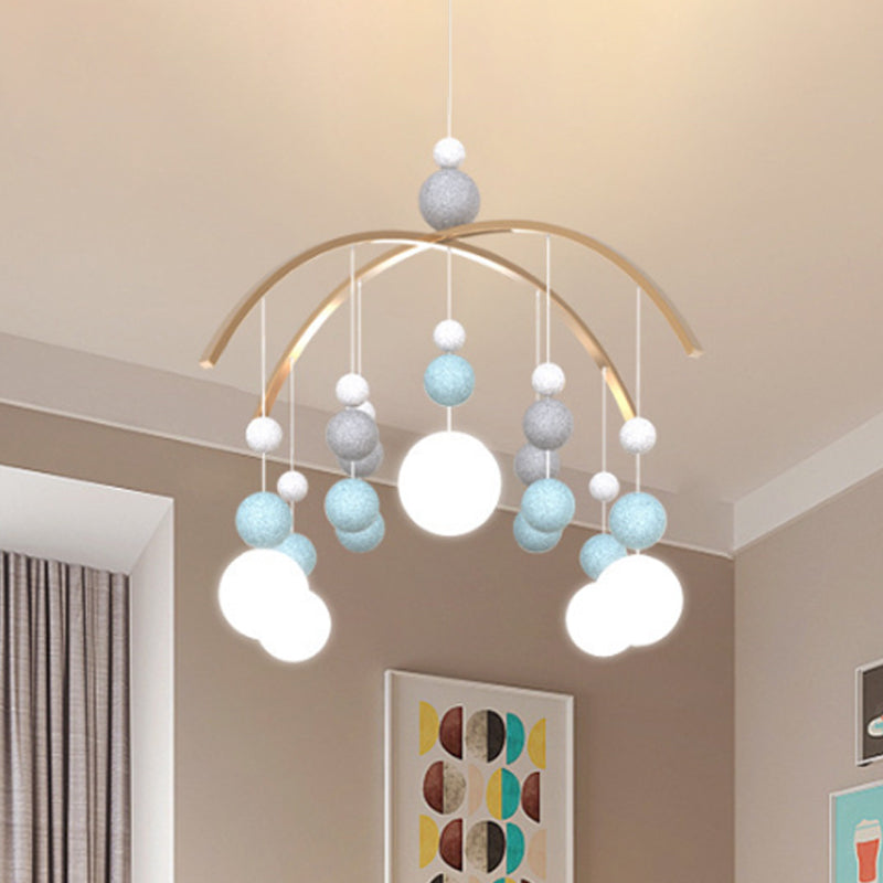 Cartoon White Glass Globe Chandelier Light With Pink/Blue Hanging Pendant - 5-Bulb Design Small Ball