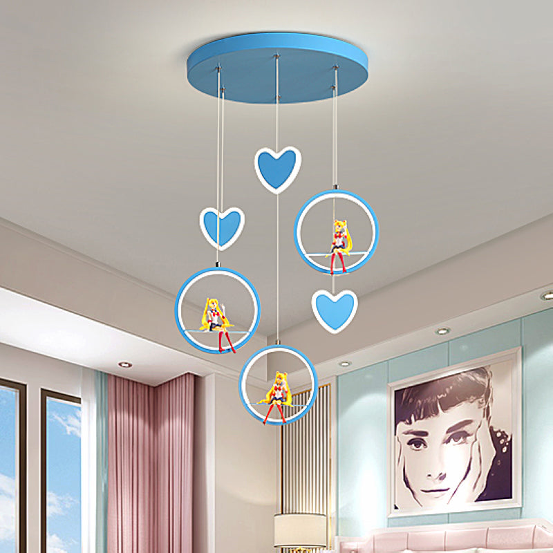 Childrens Acrylic Heart And Ring Chandelier - Pink/Blue Hanging Lamp With 3 Lights Blue