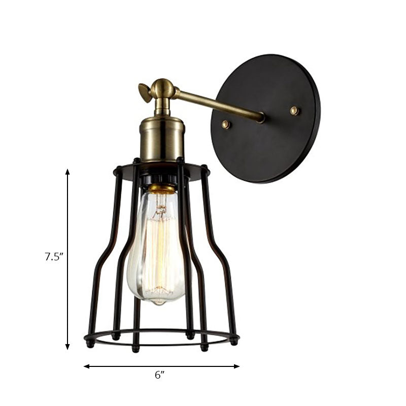 Farmhouse Iron Wall Sconce Lighting With Adjustable Brass Cage Shade - Perfect For Dining Room