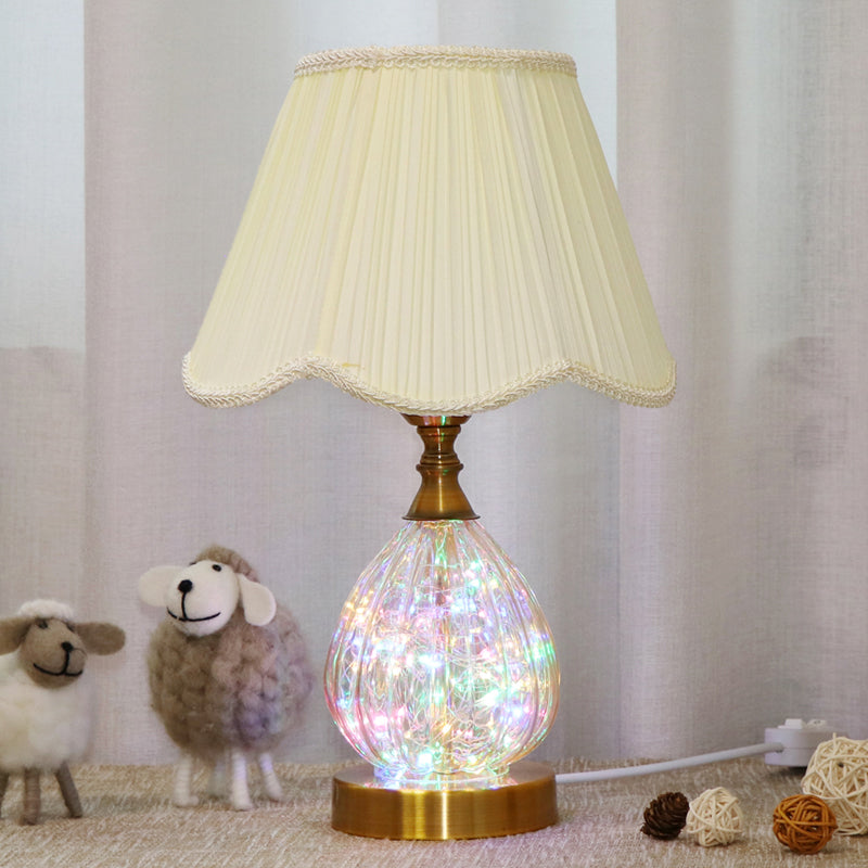 Contemporary Scalloped Fabric Table Light With Brass Glass Body - White Reading Lamp
