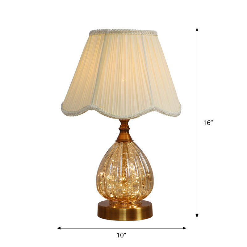 Contemporary Scalloped Fabric Table Light With Brass Glass Body - White Reading Lamp