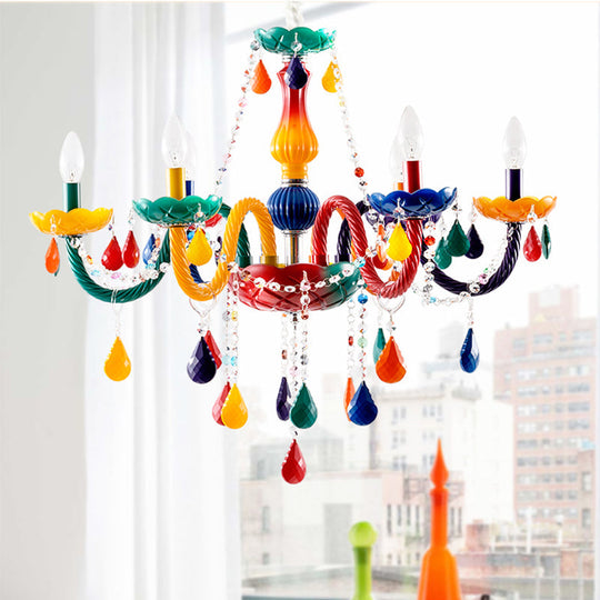 Adjustable Chain Kids Crystal Candle Chandelier With 6 Red And Yellow Bulbs