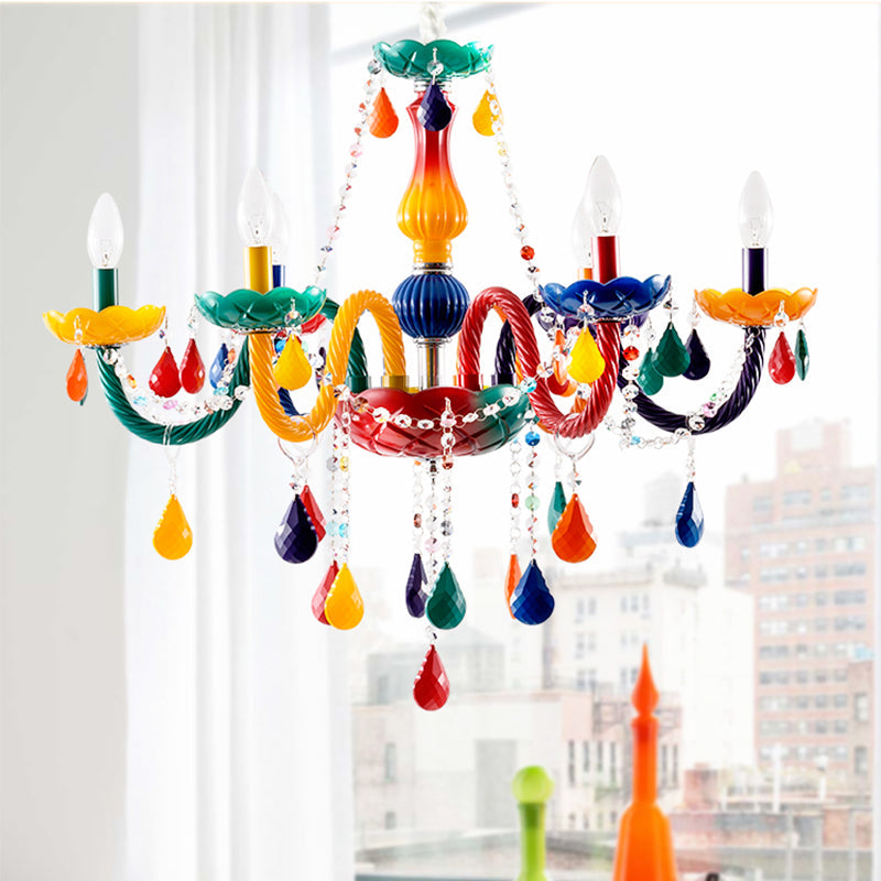 Adjustable Chain Kids Crystal Candle Chandelier With 6 Red And Yellow Bulbs Red-Yellow