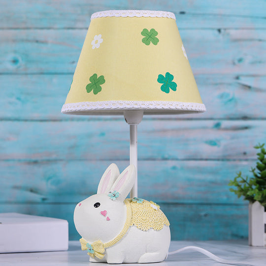 Yellow Conical Study Lamp: Cartoon Table Light With Clover Pattern & Rabbit Base