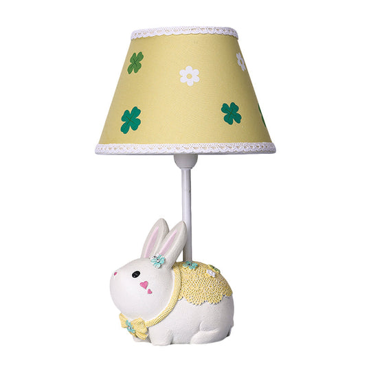Yellow Conical Study Lamp: Cartoon Table Light With Clover Pattern & Rabbit Base