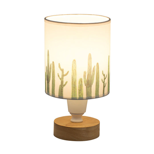 Modern Fabric Cylinder Desk Light: 1-Bulb Reading Lamp With Tree/Fish/Cactus Deco Wooden Base In