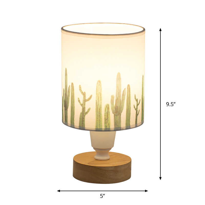 Modern Fabric Cylinder Desk Light: 1-Bulb Reading Lamp With Tree/Fish/Cactus Deco Wooden Base In