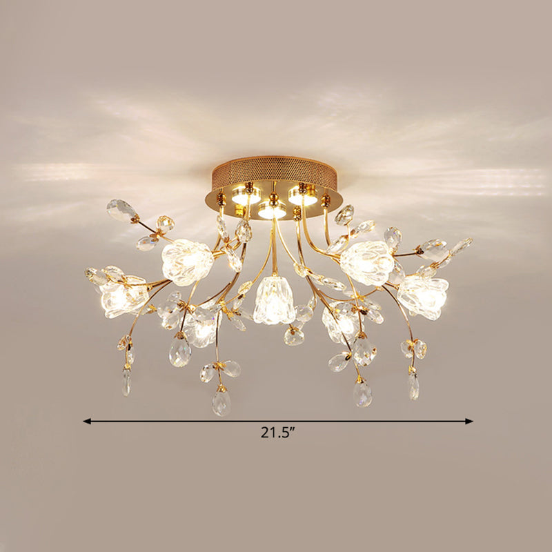 Modernist Crystal Semi Flush Mount Lighting: Blossom Great Room Ceiling Fixture In Gold 7 Heads