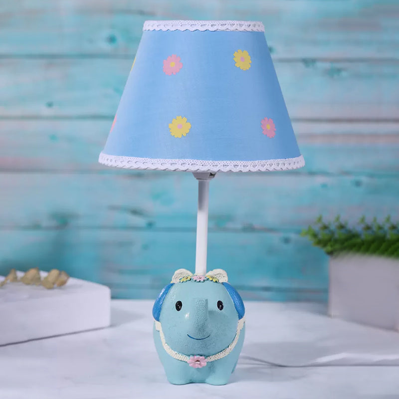 Blue Cone Desk Light With Flower Pattern - Kids Fabric Table Lamp Elephant Base