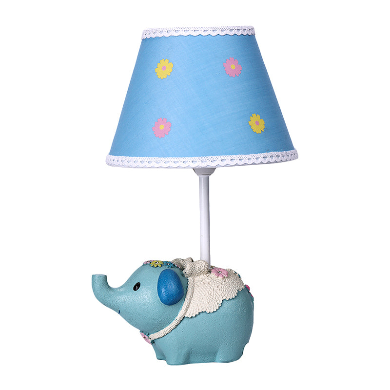 Blue Cone Desk Light With Flower Pattern - Kids Fabric Table Lamp Elephant Base