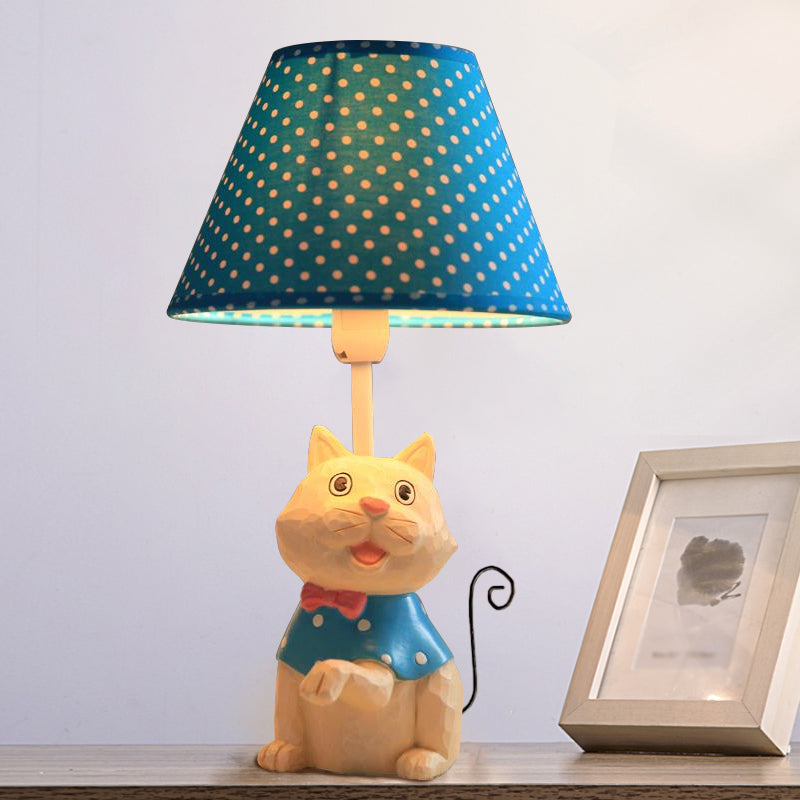 Pink/Blue Cone Reading Book Light: Cartoon Style Fabric Table Lamp With Spot Design And Cat Base